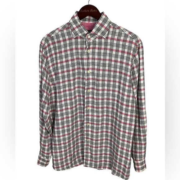 Pronto Uomo Mens Linen Pink Plaid Long Sleeve Button Up Shirt Size M R2 - Picture 1 of 10